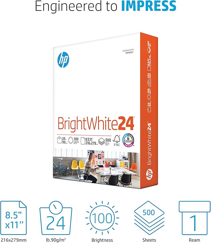 HP Papers | 8.5 x 11 Paper | BrightWhite 24 lb |1 Ream - 500 Sheets| 100 Bright | Made in USA - FSC Certified | 203000R
