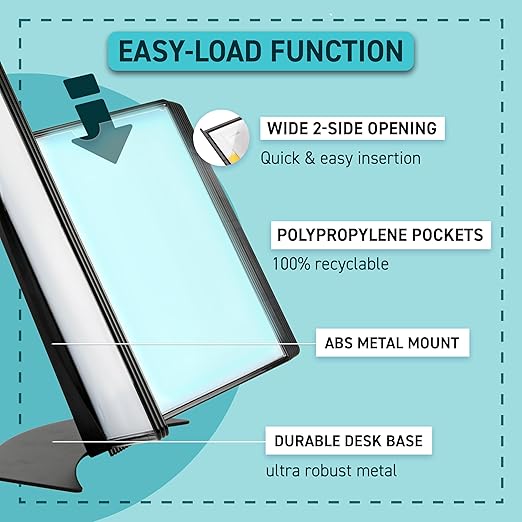 Tarifold DJOIS Desktop Reference & Display System - Durable Metal Base & Polypropylene - Letter-Size - 10 Double-Sided Pockets - 20 Sheet Capacity - Easy-Load - Made in France - Black