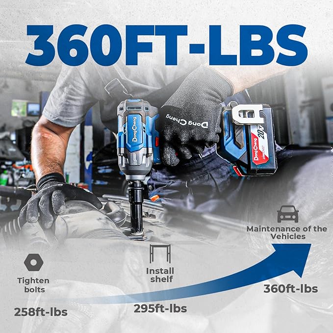 Dong Cheng 20V Brushless Impact Wrench, Max Torque 360 ft-lbs (488N.m), 1/2" with 3 Mode Speed, 2400 RPM Cordless Impact Gun, Includes 2 * 4.0Ah Battery and Charger, 4 Impact Sockets and Kit Bag