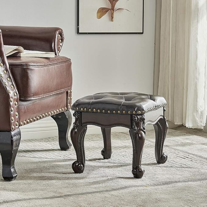 LEILISI Small Footstool Brown Leather Ottoman,Vintage Carved Upholstered Footrest, Rubber Wooden Foot Rest Stool Sofa Stool (Black-Brown)