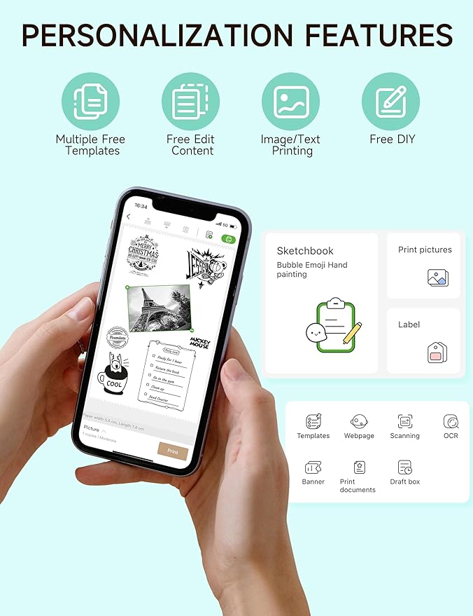 iDPRT Portable Sticker Maker Machine with 1 Roll Sticker Paper, Mini Printer Efficiently and Quickly, Thermal Printer for Study Notes, Pictures, DIY, Label, Free App with Multiple Templates, Green