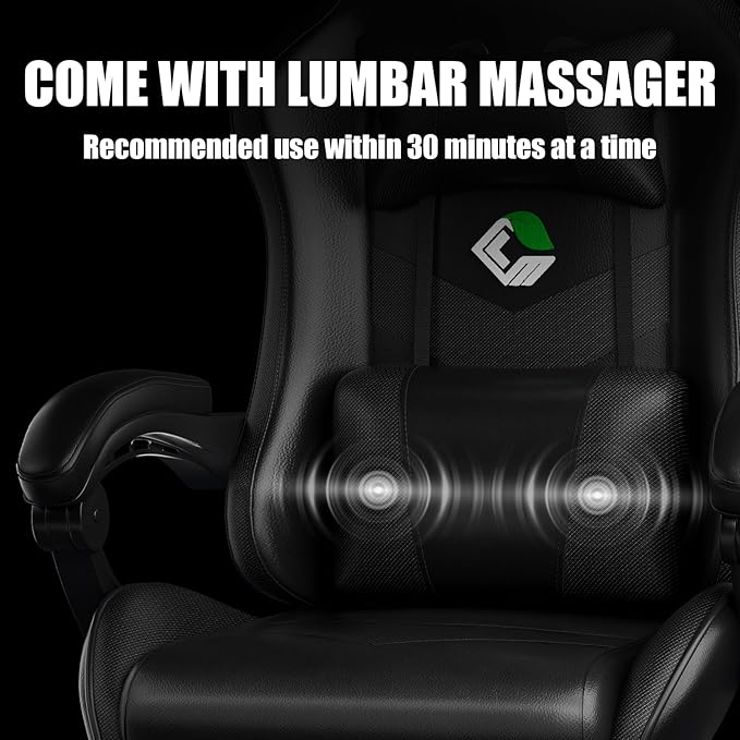 Gaming Chair, Ergonomic Office Computer Chair with Footrest and Lumbar Support Massager Racing Style High Back Video Gamer Chair, Wide＆Thick Cushion, 90°-135° Recline, Adjustable Height, Black