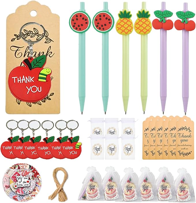 74 Set Student Gift Set 6 in 1 Multicoloured Ballpoint Pen Thank You Card Batch Keychain Inspirational Stickers Teacher Gifts for Classroom Birthday Party Supplies