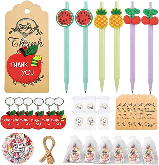 74 Set Student Gift Set 6 in 1 Multicoloured Ballpoint Pen Thank You Card Batch Keychain Inspirational Stickers Teacher Gifts for Classroom Birthday Party Supplies