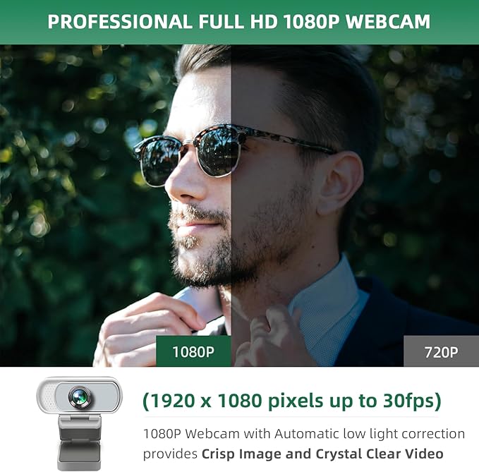 1080P Webcam with Mic, Pro Streaming Web Camera with Privacy Cover and Stand, Widescreen USB Computer Camera for PC Mac Laptop Desktop, Adapter Included