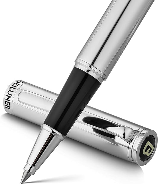 BEILUNER Luxury Silver Grey Rollerball Pen with Chrome Trim, Schmidt Ink Refill, Gift Case, Best for Men's Executive Office, Unisex