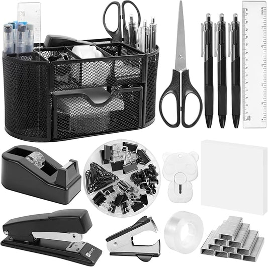 Office Supplies for Desk,14pcs Black Desk Sets and Accessories, Office Supply Kit with Mesh Desktop Organizer and Stapler,Staple Remover, Staples,Tape Dispenser,Sticky Tabs,Scissors, Ruler