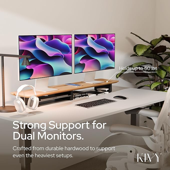 KIVY Dual Monitor Riser with Integrated Metal Shelf - Wooden desk shelf for top of desk - Wood monitor stand for desk 2 monitors / tv - Dual monitor stand riser for desk - Large walnut monitor stand
