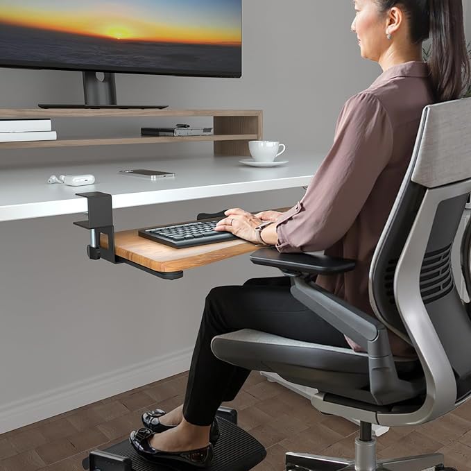 suptek Keyboard Tray Under Desk Pull Out with C Clamp Mount, Computer Keyboard & Mouse Tray, 25.6 (30 Including Clamps) x 11.8 inch Slide-Out Platform Computer Drawer for Typing, Dark Wood, DSF1SM