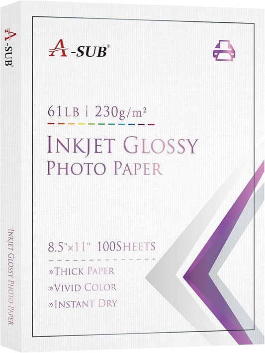 A-SUB Heavyweight Glossy Photo Paper 8.5 x 11 Inch 61lb 230GSM Thick Photo Printer Paper for DIY Cards Calendars for Inkjet Printers 100 Sheets