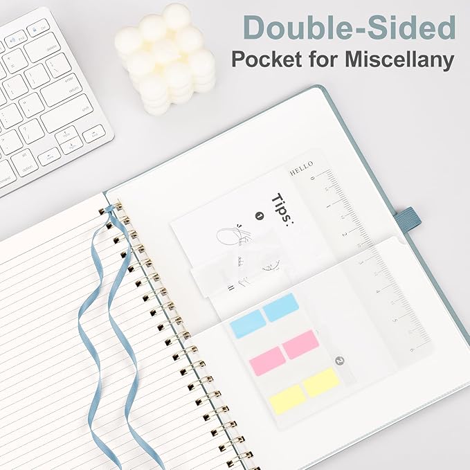 AHGXG Lined Spiral Journal Notebook, B5 Large Notebooks for Women Men, 140 Pages Hardcover Leather Notebook College Ruled, 100 GSM Paper, Notebooks for Work School Note Taking, 7.6" x 10", GrayBlue