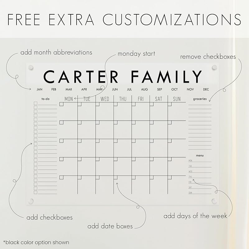 Personalized Clear Acrylic Calendar for Wall, Calendar Whiteboard for Wall, Dry Erase Wall Calendar, Wall Calendar Organizer System for Home (Block, White, 47.5"W x 36"H)