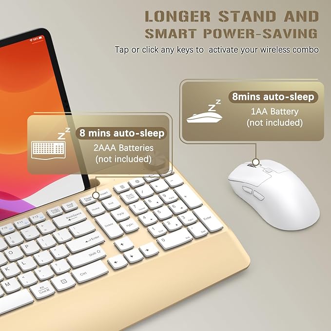 Ergonomic Wireless Keyboard and Mouse with Wrist Rest，Phone Holder - 2.4GHz Full-Sized Low-Profile Quiet Gold Wireless Mouse and Keyboard Combo for Computer, Laptop, PC, Mac-Gold