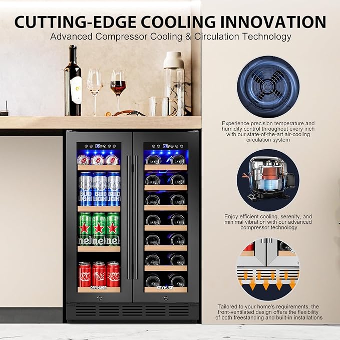 24" Dual Zone Wine & Beverage Refrigerator – Under Counter Cooler with Upgraded Cooling & Blue LED Light, Hold 20 Bottles and 88 Cans Large Capacity Wine Fridge, Built-In or Freestanding – Black