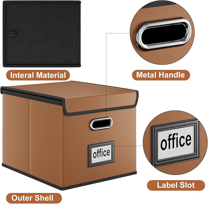 Huolewa Portable Leather File Organizer Boxes with Lids, Office Document Boxes Organizer, Filing Boxes, Decorative Small File Boxes for Hanging Files with Plastic Slide for Office/Decor/Home