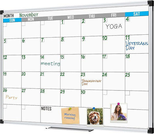 XBoard Magnetic Calendar Whiteboard 48" x 36" - Monthly Calendar Dry Erase Board, White Board + Colorful Calendar Board, Silver Aluminium Framed Monthly Planning Board