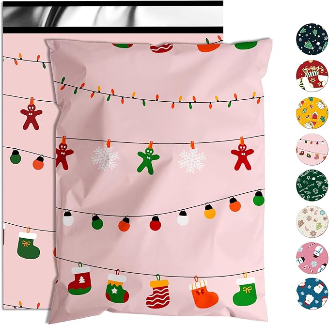 Christmas Poly Mailer 10x13 Inch 100 Pcs, Waterproof Shipping Bags with Self-Seal - Tear-Resistant, Christmas Lights Printed