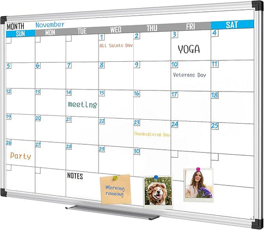 XBoard Magnetic Calendar Whiteboard 36" x 24" - Monthly Calendar Dry Erase Board, Reusable Colorful Calendar Board, Silver Aluminium Framed Monthly Planning Board