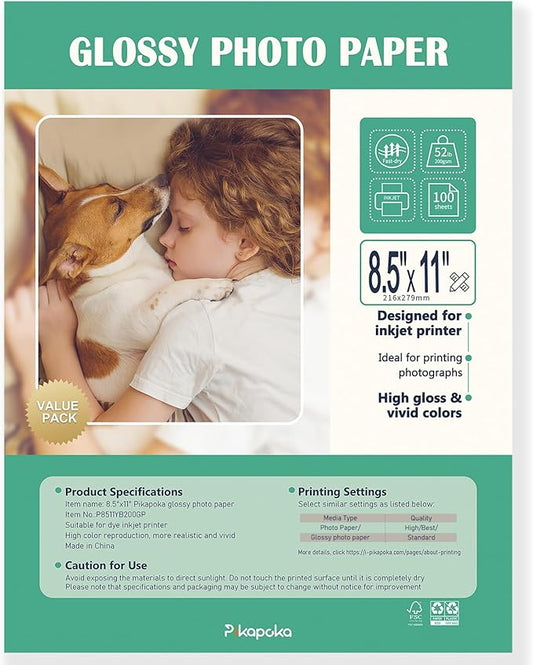 8.5x11 Glossy Photo Paper - Photo Quality Paper for Inkjet Printer, US Letter Size, 100 Sheets, 200GSM (P8511YB200GP)