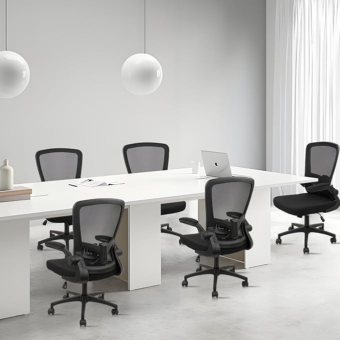 Office Desk Chairs with Wheels, Ergonomic Mesh Chair with Adjustable Height Lumbar Support, Rolling Swivel Computer Task Chair with Flip Up Armrests for Home, Study, Conference, Black