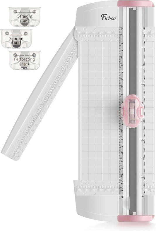 Firbon 3-in-1 Paper Cutter, 9" Compact A5 Paper Trimmer with Straight Cut, Scoring & Perforating Blades for Cardstock, Scrapbooking, Crafting, Labels & Home Office (Pink)