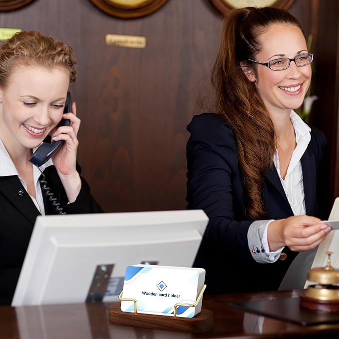 Amyhill 2 Pieces Wood Business Card Holder for Desk Wooden Business Card Display Stand Postcard Holder for Office Home Desktop(Brown)