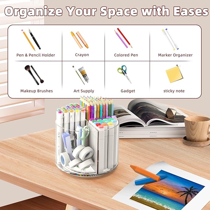 2 Pack Pen Pencil Holder for Kids, Rotating Pen Holder for Desk Organizer, 4 Compartments Art Supply Marker Organizer and Storage, Kids Desk Organizer Marker Holder Caddy Art Supply Organizer for Desk