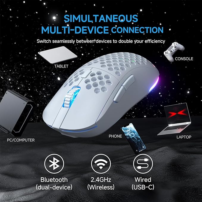 TMKB Wireless Mechanical Gaming Keyboard and Gaming Mouse, M1&T63, 24000DPI, RGB Backlit, 180Hrs Battery, 2.4G/BT5.2/USB-C Wired, Compact 63 Keys Anti-Ghosting-White