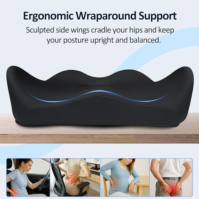 X Large Memory Foam Seat Cushions for Office Chairs, Long Sitting Pressure Relief Ergonomic Office Chair Cushion for Butt Coccyx Tailbone Sciatica, Car Seat Booster for Height (Pure Black)