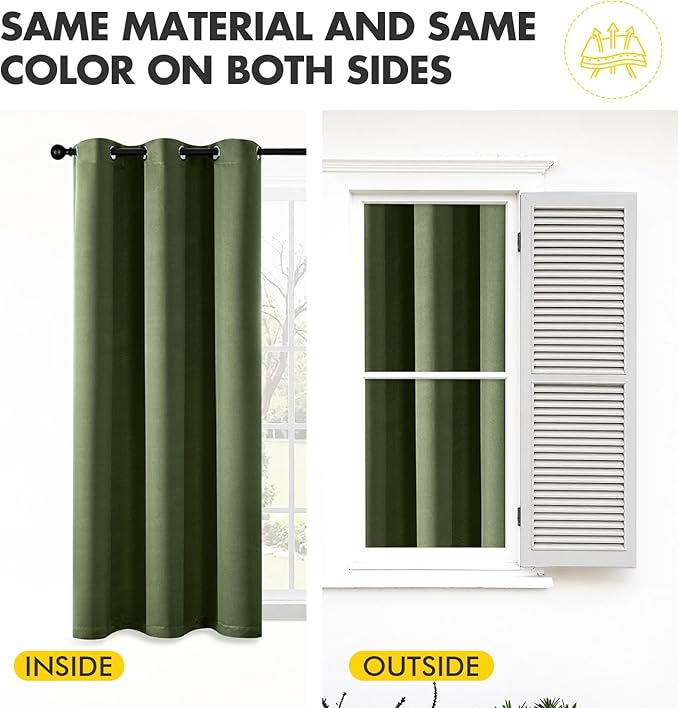 MIULEE Olive Green Blackout Curtains for Bedroom Living Room 96 Inches Long 2 Panels, Thermal Insulated Room Darkening Drapes Solid Grommet Top Noise Reducing Dark Green Window Treatments 40x96 Inch