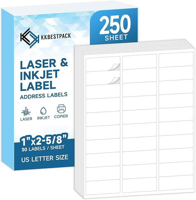 Address Labels for Printer 7500 Labels - 1" x 2-5/8", Mailing, Storage & Pantry Organization, Laser/Inkjet Compatible, 30 Per Page, 250 Sheets