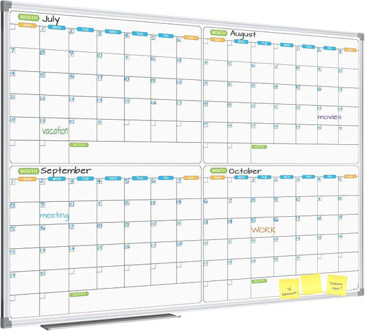 JILoffice Magnetic Dry Erase Calendar Whiteboard, 4 Month White Board Planner 48 X 36 Inch, Silver Aluminum Frame Wall Mounted Board for Office Home and School