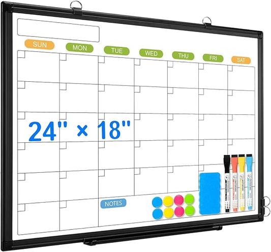 Dry Erase Calendar Whiteboard for Wall, 24" x 18" Magnetic Monthly White Board Calendar with Black Aluminum Frame, Double-Sided Hanging Dry Erase Board for Office, Home, School