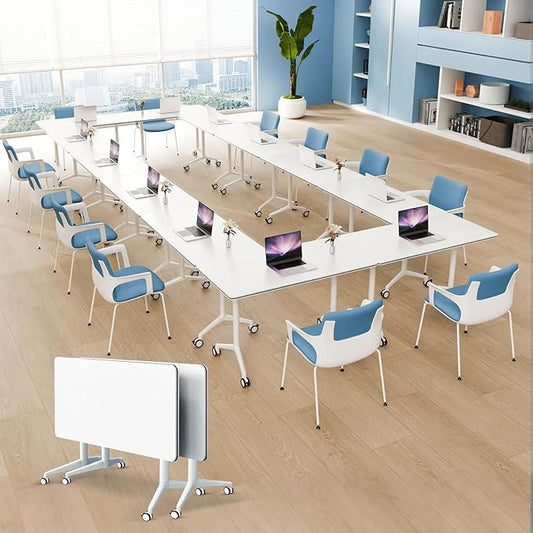 2Pack Folding Conference Room Table, Modern Conference Tables with Silent Wheels, Large Rectangular Mobile Training Tables for Office Classroom, Foldable Modular Seminar Table White (L55.1in)