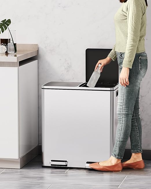 AthLike 60L(16 Gal) Dual Trash Can, Stainless Steel Kitchen Garbage Can, Double Compartment Classified Rubbish Bin, Recycle Dustbin w/Plastic Inner Buckets, Soft-Close Lid, Airtight, Silver