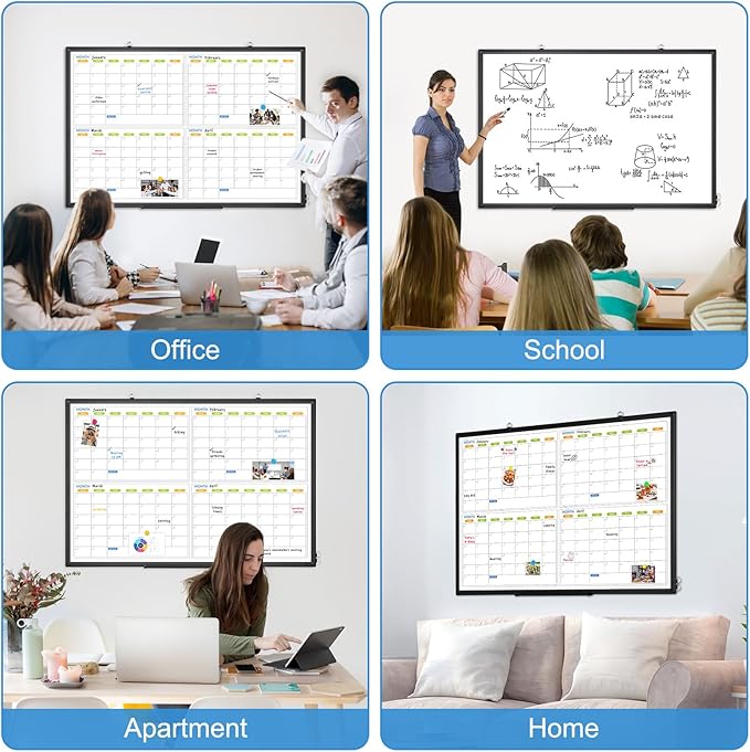 Dry Erase Calendar for Wall 4 Month, WALGLASS 48" x 36" Large Double-Sided White Board Calendar, Dry Erase Monthly Planner, Black Aluminum Frame Hanging Wall Mounted Whiteboard for Office Home School
