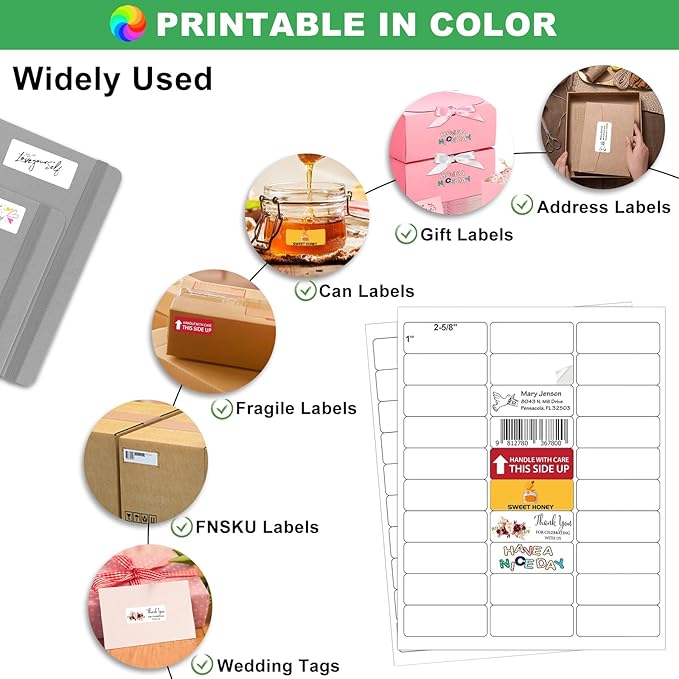 Address Labels 1" x 2-5/8", 15000 Printable Labels for Mailing, Envelopes, Laser/Inkjet Printer, 8.5"×11" White Label Stikcers Paper 30 Up Blank Label Per Sheet,(500 Sheets)