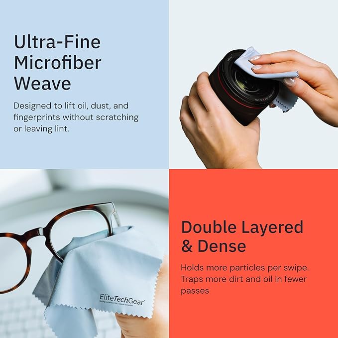 Elite Tech 6-Pack Oversized Microfiber Cloths for Electronic Devices, Eyeglasses, Screens and Lenses - Washable; 6×7 in & 12×12 in - Eyeglass Cloth - Glasses Cleaner