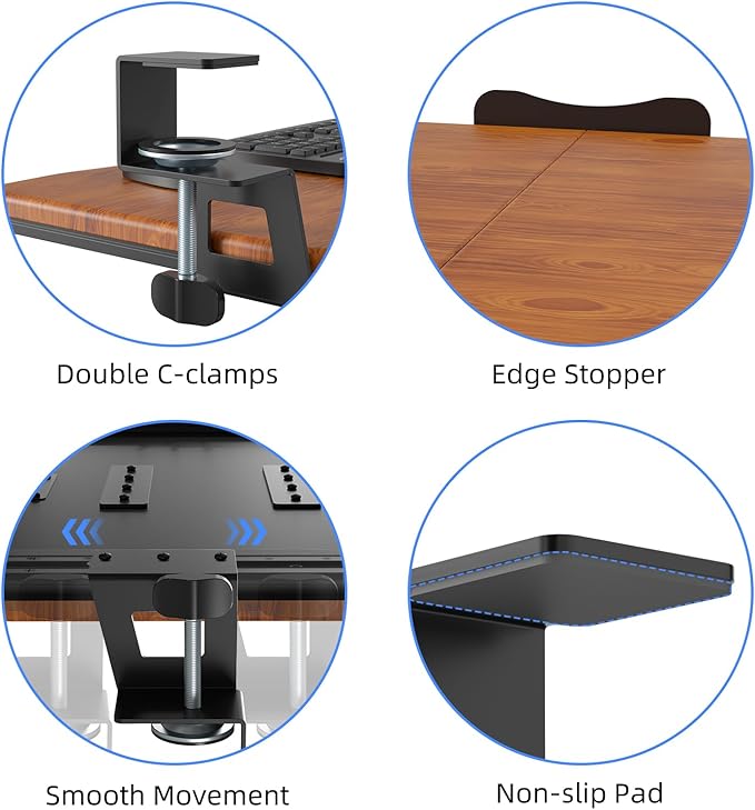 suptek Keyboard Tray Under Desk Pull Out with C Clamp Mount, Computer Keyboard & Mouse Tray, 25.6 (30 Including Clamps) x 11.8 inch Slide-Out Platform Computer Drawer for Typing, Dark Wood, DSF1SM
