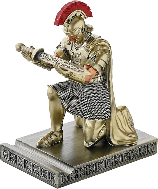 Roman Praetorian Prefect Warrior Knight Pen Holder Desk Ornament Resin Praetorian Guard Mobile Phone Stand Desk Accessories and Organizer for Office with a Letter Opener (Bronze)