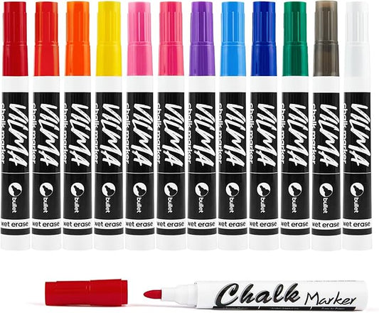 VILMA Liquid Chalk Markers Window Marker for Cars Glass pens Wet Erase Marker Washable Blackboard Pen for Car Window, Mirrors,Signs,Crafts, 2MM Tip 12 Pack,12 Colors