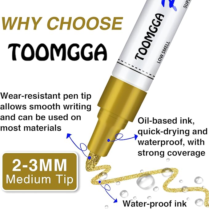 Black Paint Pens Permanent Paint Markers - 2 Pack Oil Based Marking Pens, Medium Point, Quick Drying and Waterproof Pens for Rock Painting Car Tyre Metal, Plastic, Canvas, Wood