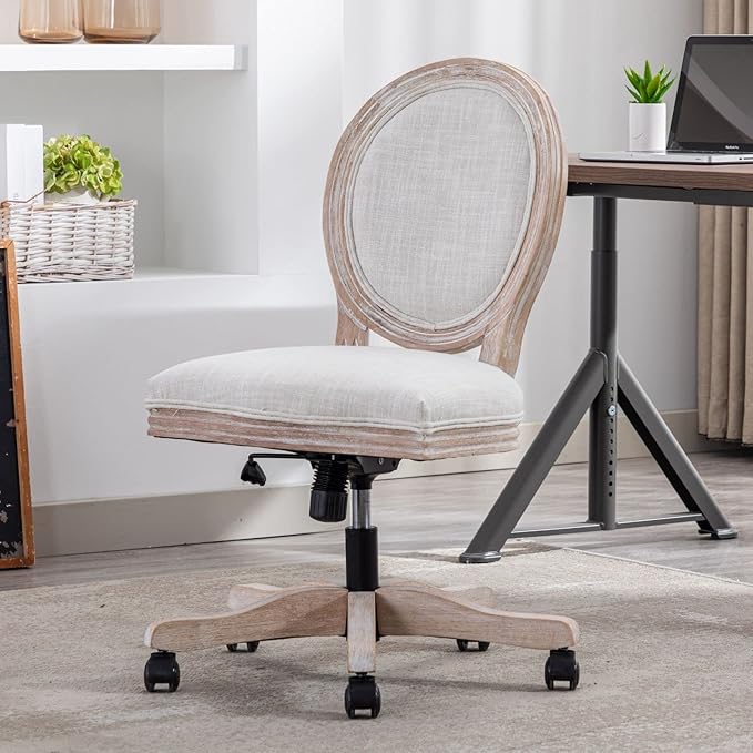 LukeAlon Vintage Linen Office Chair, Adjustable Height Swivel Task Chair with Wood Frame Armless Desk Chair with Wheels Upholstered Round Back Vanity Chair for Home Office Study Room, Beige