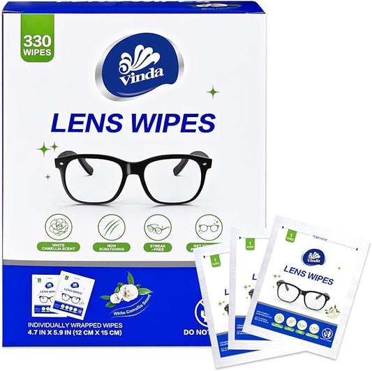Pre-Moistened Lens Cleaning Wipes – 330 Individually Wrapped, Streak-Free Wipes for Glasses, Screens, Cameras & More – Ammonia-Free, Gentle Optical Cleaner