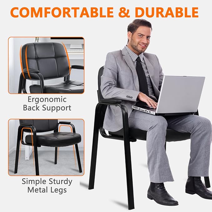 CLATINA Big & Tall 500 lbs Waiting Room Guest Chair, Leather Office Reception Chair No Wheels with Padded Arms for Elderly Home Desk Conference Room Lobby Side Salon Clinic, Black(6 Pack)
