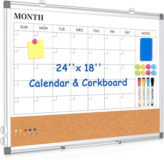 Monthly Calendar Whiteboard Dry Erase Cork Board Combo for Wall, 24" x 18" Double-Sided Calendar White Board and Bulletin Board, Portable Board for Office, Kitchen, School, Home
