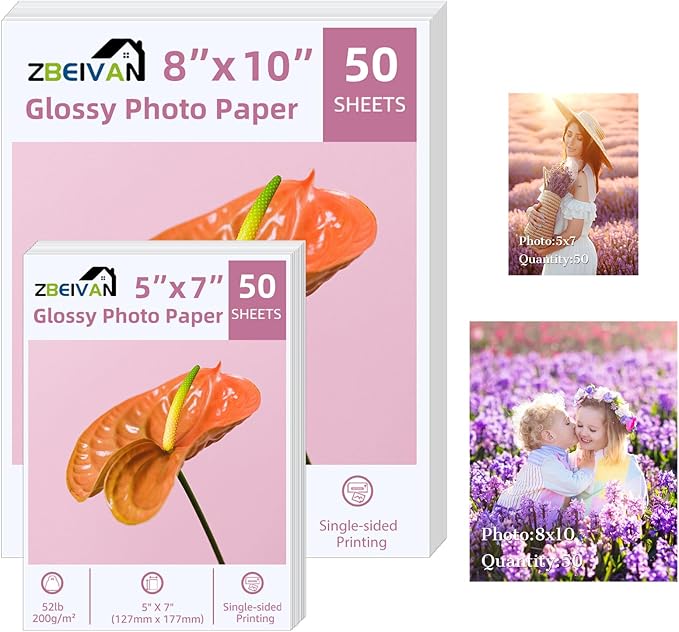 ZBEIVAN Photo Paper 5x7, 8x10 inch, Glossy Photo Papers 100 Sheets, 200 GSM Paper for Printer (50 Sheets of each size 5x7, 8x10)