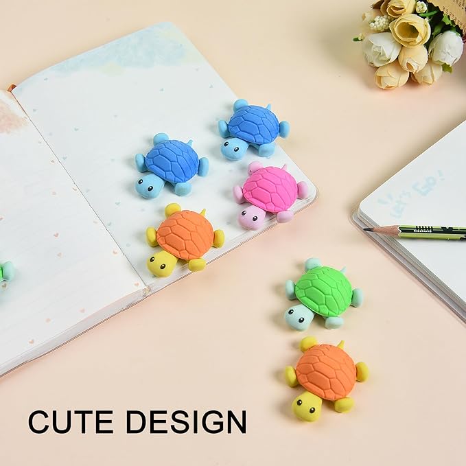 16 Pcs Cute Turtle Pencil Erasers for Kids, Novelty Rubber Turtle Desk Pet Erasers for Classroom Favors Party Supplies