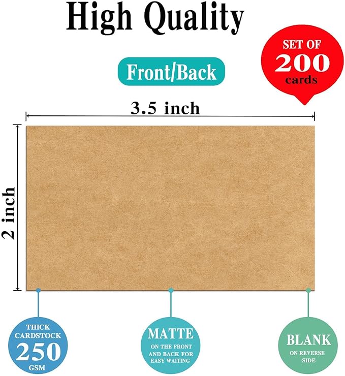 2x3.5 Blank Kraft Cardstock Paper Set of 200 - Small Plain Tan Cards for Printer, Create Business Cards, Thank You Packaging Insert, Gift Favor Tag, Paper Craft, DIY Card Making Stamp, Write, Draw