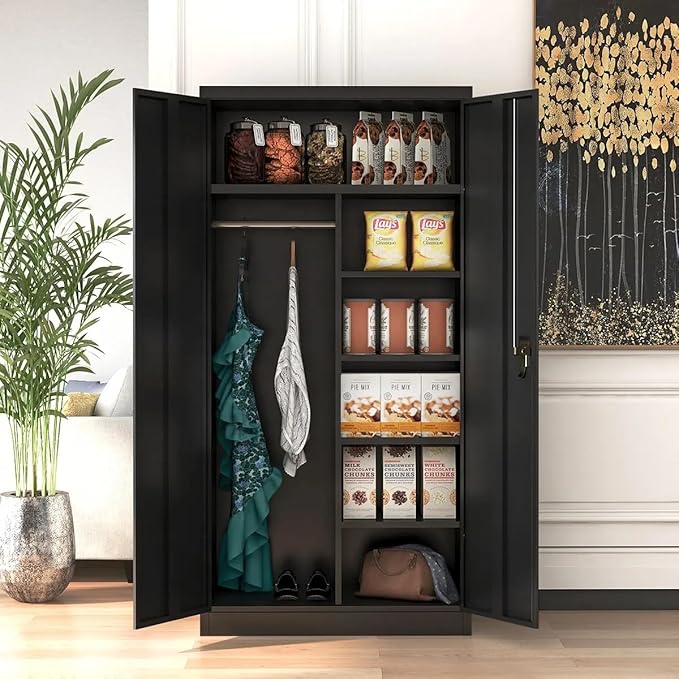 INTERGREAT Metal Storage Cabinet with Lock,Storage Wardrobe Cabinets with 4 Adjustable Shelves and Hanging Rod,Black Wardrobe Cabinet with Lockable Doors for Home Office,Warehouse,Garage